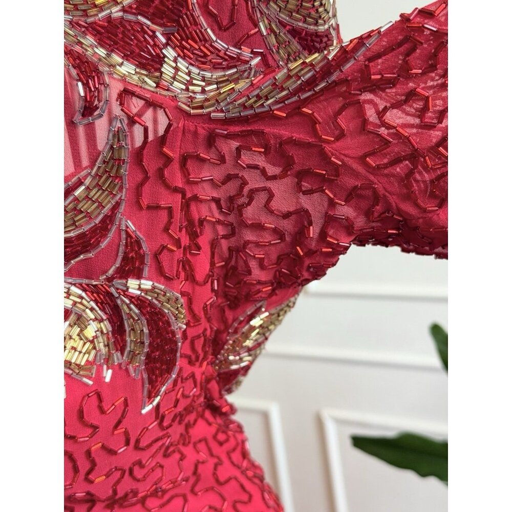 Vintage Beaded Red Evening Dress |  Hollywood Glamour Dress | Red Beaded Dress - Picture 7 of 13